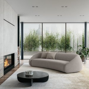 Three-quarter view of the LaCividina Apper armchair in a pale fabric