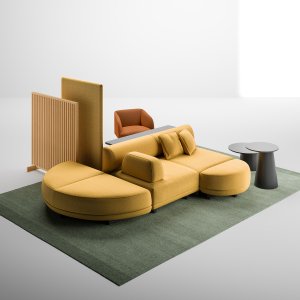 Node+ island seat, 180 by 180 cm, ringed with upholstered backrests in an office hall