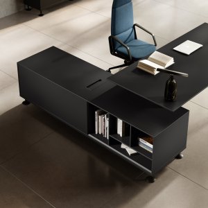 Énosi modular storage composition with open lacquered bookcase element