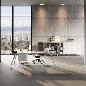 Énosi designer desk by Nikolas Chachamis in a light-filled executive room
