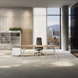 Énosi designer desk by Las Mobili with Extra White rear-lacquered glass top and chrome conical legs