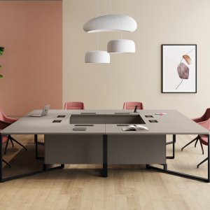 I-Meet meeting table by Las Mobili with black rear-lacquered glass top and chromed legs