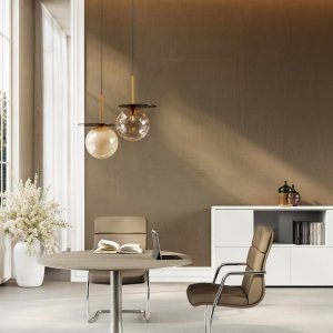 Executive office furnished with the Iulio system: desk, meeting table and storage wall
