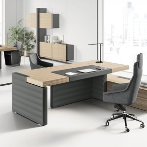 Jera executive desk by Las Mobili, Bali Walnut finish — 90 mm worktop, front elevation