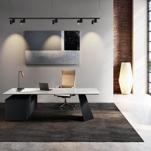 Black Desirè ceramic top detail on Monolith executive desk by Orlandini Design