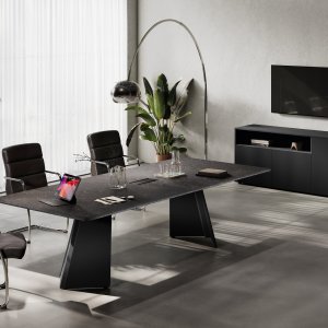 Curved modesty panel of the Monolith desk in 3d-foil on Terracotta sheet steel