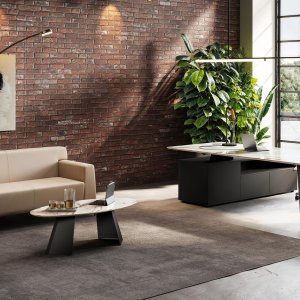 Monolith executive desk by Las Mobili with White Calacatta ceramic top and V-shaped steel legs
