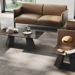 Monolith desk top with black eco-leather writing insert, shaped perimeter edge