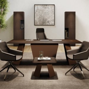 Monolith executive desk in Bali Walnut 3d-foil with Rust epoxy-coated steel frame
