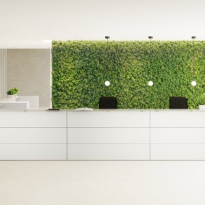 Operator side of the Nice reception counter with cable tray and lockable storage unit