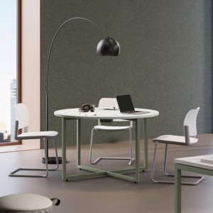 Sigma bench workstation for four people with green epoxy-coated bridge legs