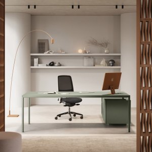 Comby desk-height storage aggregated to a Sigma workstation with cable-slot shelf