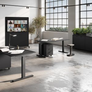 UP sit-stand bench with one side standing and one side seated