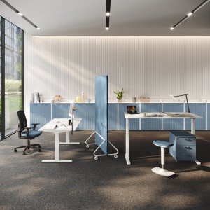 UP height-adjustable operative desk by Las Mobili in standing position with black T legs