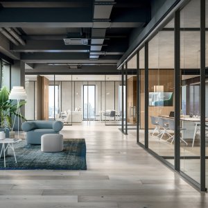 Glass partition wall M1 by Quadrifoglio in an open plan office