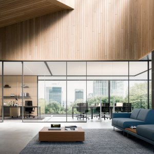 Full-height office partition walls in glass, M1 M2 M3 system — Quadrifoglio system
