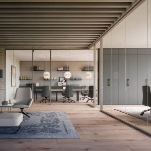 M2 partition with double glazing for acoustic performance by Quadrifoglio
