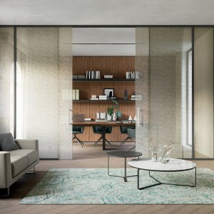 Meeting room enclosed by Quadrifoglio glass partition walls