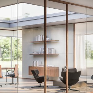 Director's office bounded by a full height glazed partition by Quadrifoglio