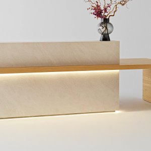 Kyo Reception desk by Martex with Pacific Bianco gres cladding
