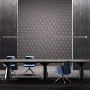 Continuous Metar wall panelling with integrated shelving
