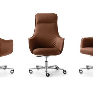 Not Guilty high-back chair by Quinti behind a walnut executive desk
