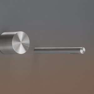 Detail of the Opus wall-mounted progressive mixer in satin steel