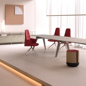 Rail desk with tempered glass top and integrated wooden shelf