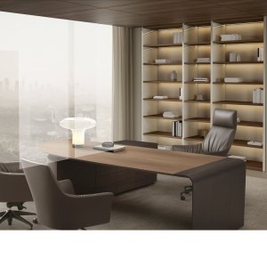 Sideboard cabinet with saddle leather top and visible stitching