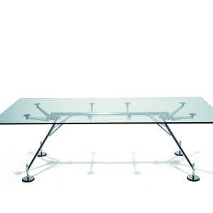 Nomos desk system by Tecno with tubular metal backbone and tempered glass top