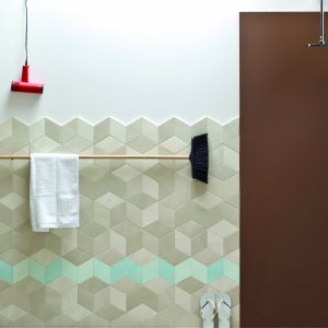 Office washroom lined with Tex in White from floor to ceiling