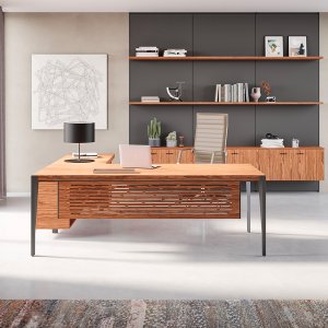 Grey elm veneered top of the X9 desk with leather-effect inlay