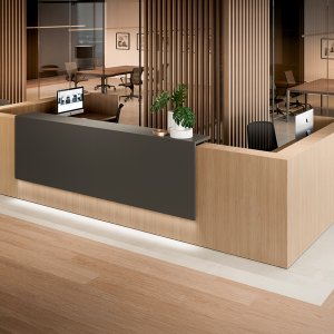 Z2 reception counter by Quadrifoglio turning a corner in an office lobby
