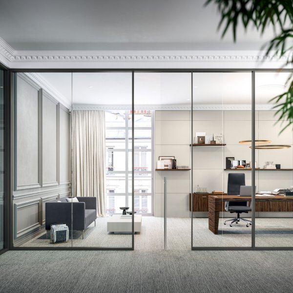 Office floor configured with modular Quadrifoglio workstations and partitions
