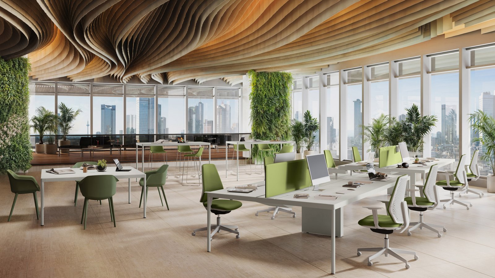 Open-plan office furnished with Las Mobili Fil Rouge workstations, green chairs and a wave-shaped timber ceiling