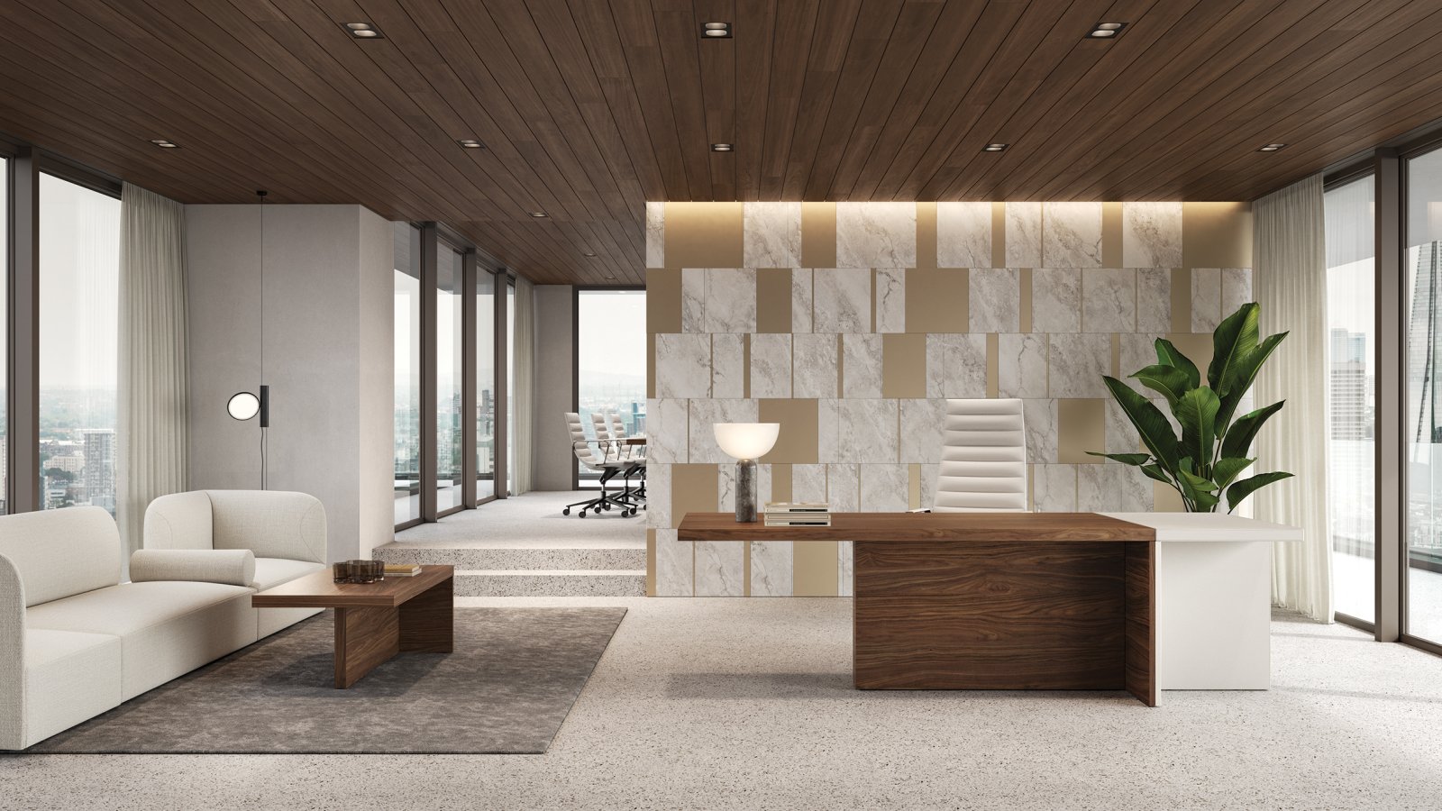 Executive office with a Frezza wooden desk, marble wall panels, lounge seating and a meeting table beyond