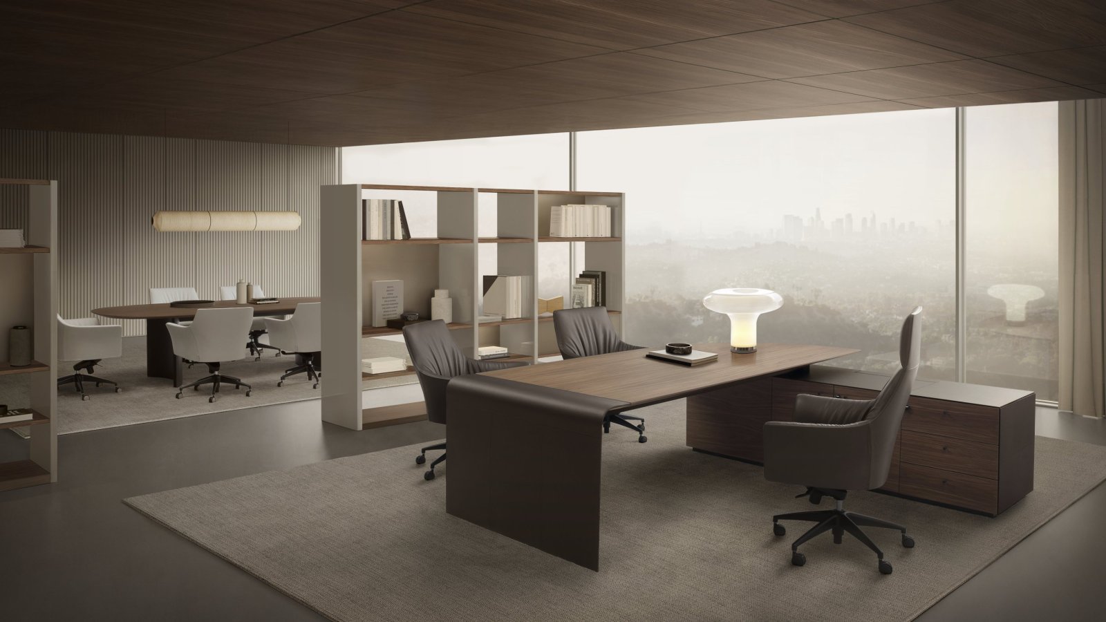 An i4Mariani Siena executive desk, executive chairs and shelving in an office overlooking the city